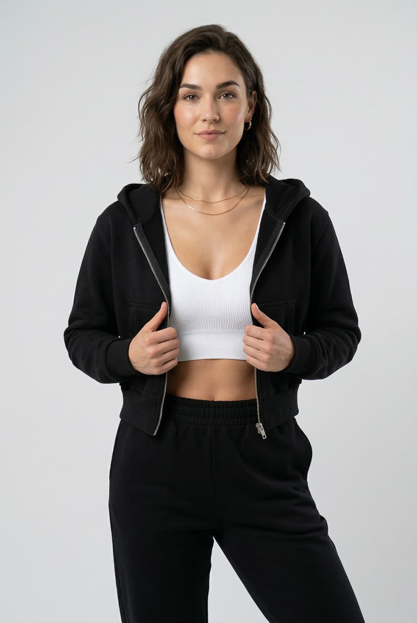 Basic Crop Fermuarlı Kapüşonlu Sweatshirt